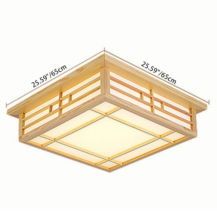Traditionelle flächenbündige LED-Deckenleuchte aus Kiefernholz mit quadratischem Gitter und Pergament im japanischen Stil für das Wohnzimmer 