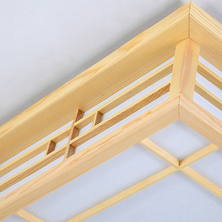 Traditionelle flächenbündige LED-Deckenleuchte aus Kiefernholz mit quadratischem Gitter und Pergament im japanischen Stil für das Wohnzimmer 