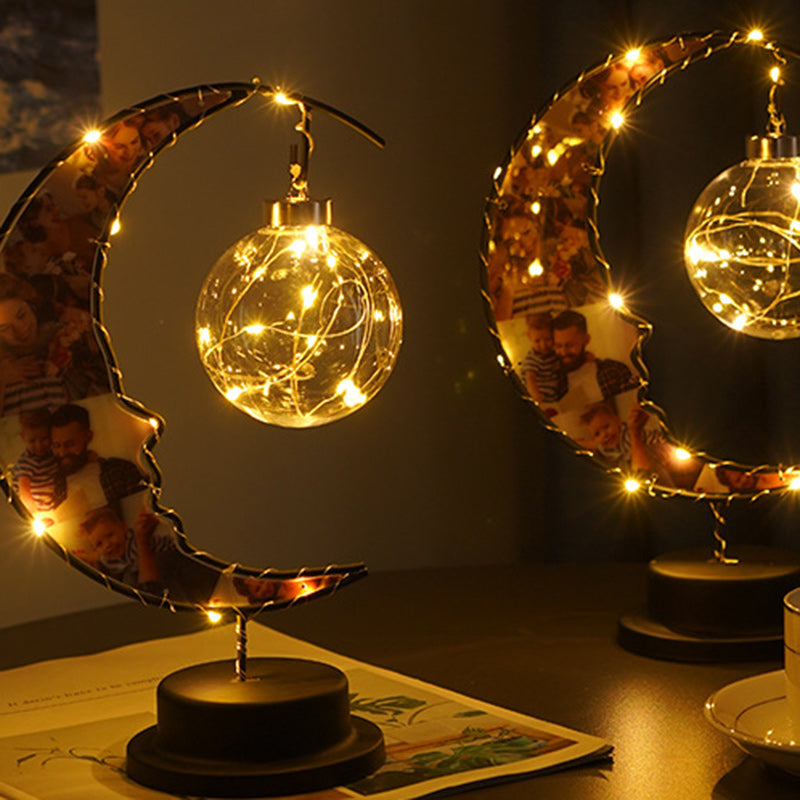 Modern Art Deco Moon Shape Pattern Glass Iron LED Table Lamp For Bedroom