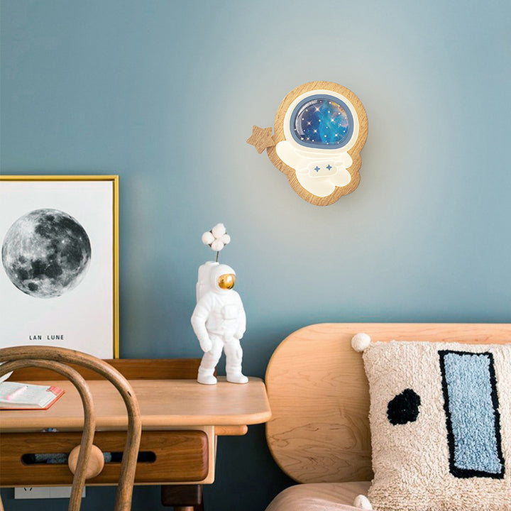 Modern Art Deco Spaceman PE Rubberwood LED Kids Wall Sconce Lamp For Living Room
