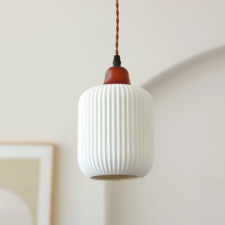 Lanterne de champignon nain japonais traditionnelle en céramique, bois massif et fer, suspension 1 lumière pour chambre à coucher 