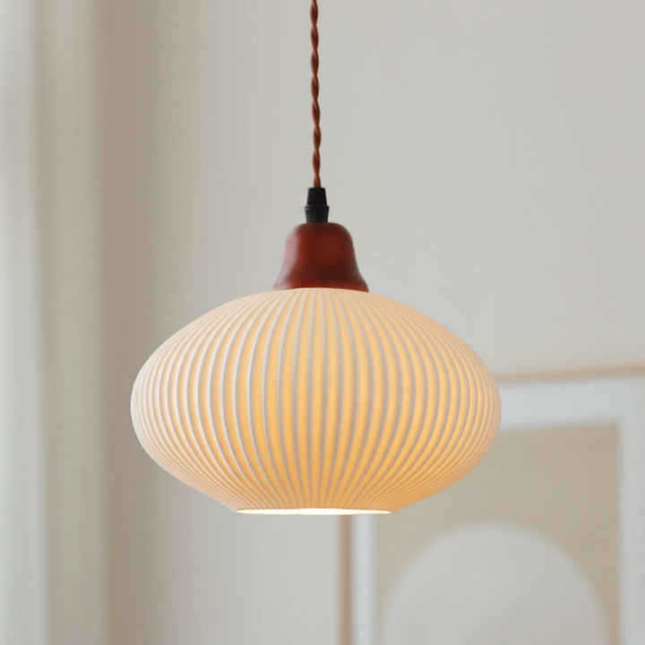 Lanterne de champignon nain japonais traditionnelle en céramique, bois massif et fer, suspension 1 lumière pour chambre à coucher 