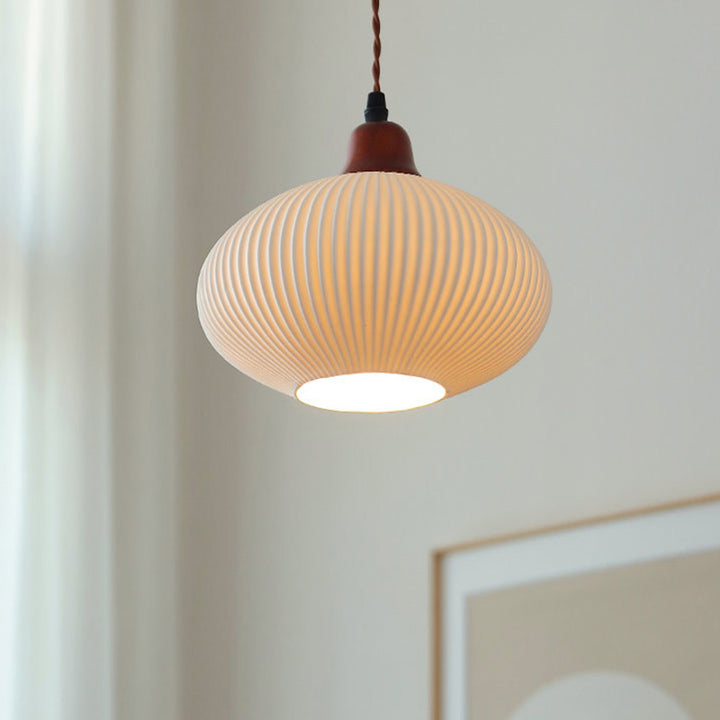 Lanterne de champignon nain japonais traditionnelle en céramique, bois massif et fer, suspension 1 lumière pour chambre à coucher 