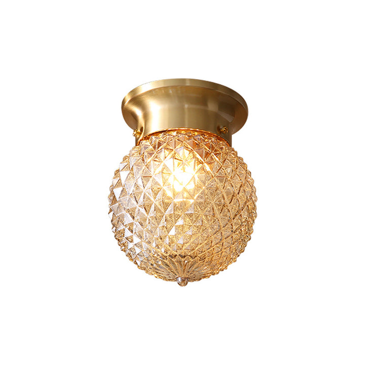 Contemporary Creative Pineapple Orange Orb Glass Copper 1-Light Semi-Flush Mount Ceiling Light For Living Room