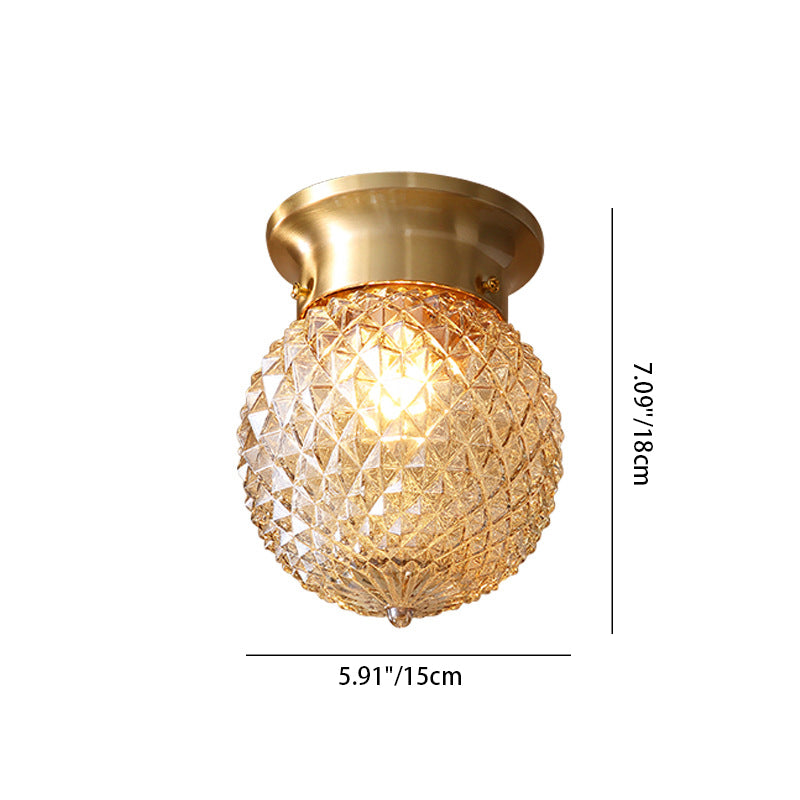 Contemporary Creative Pineapple Orange Orb Glass Copper 1-Light Semi-Flush Mount Ceiling Light For Living Room