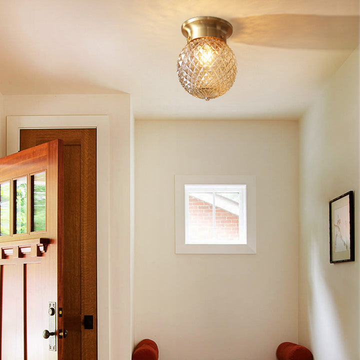 Contemporary Creative Pineapple Orange Orb Glass Copper 1-Light Semi-Flush Mount Ceiling Light For Living Room