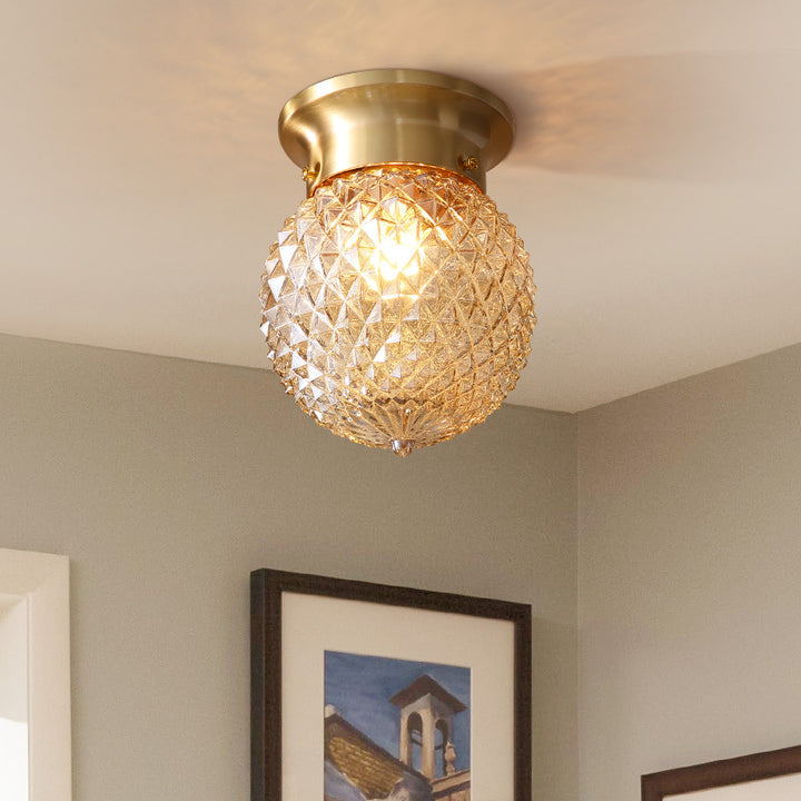 Contemporary Creative Pineapple Orange Orb Glass Copper 1-Light Semi-Flush Mount Ceiling Light For Living Room