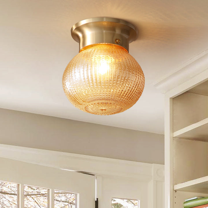 Contemporary Creative Pineapple Orange Orb Glass Copper 1-Light Semi-Flush Mount Ceiling Light For Living Room