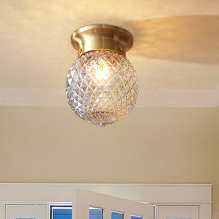 Contemporary Creative Pineapple Orange Orb Glass Copper 1-Light Semi-Flush Mount Ceiling Light For Living Room