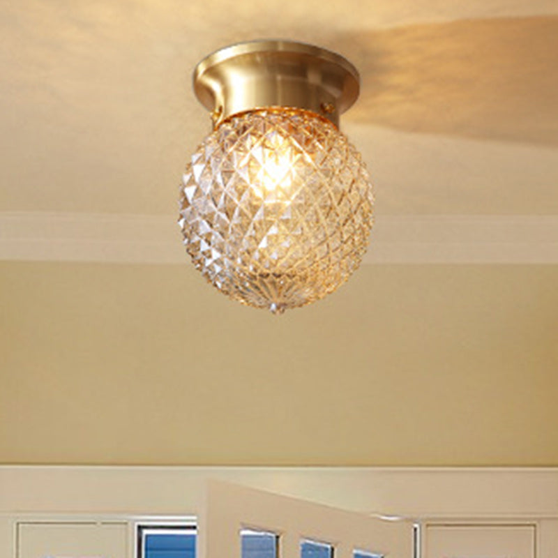 Contemporary Creative Pineapple Orange Orb Glass Copper 1-Light Semi-Flush Mount Ceiling Light For Living Room
