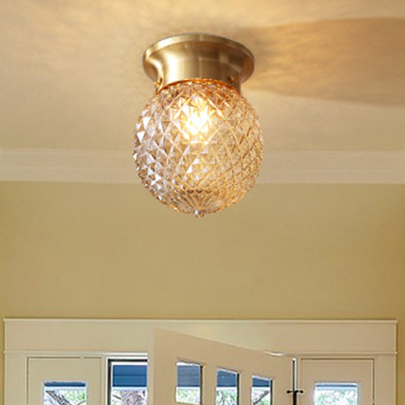 Contemporary Creative Pineapple Orange Orb Glass Copper 1-Light Semi-Flush Mount Ceiling Light For Living Room