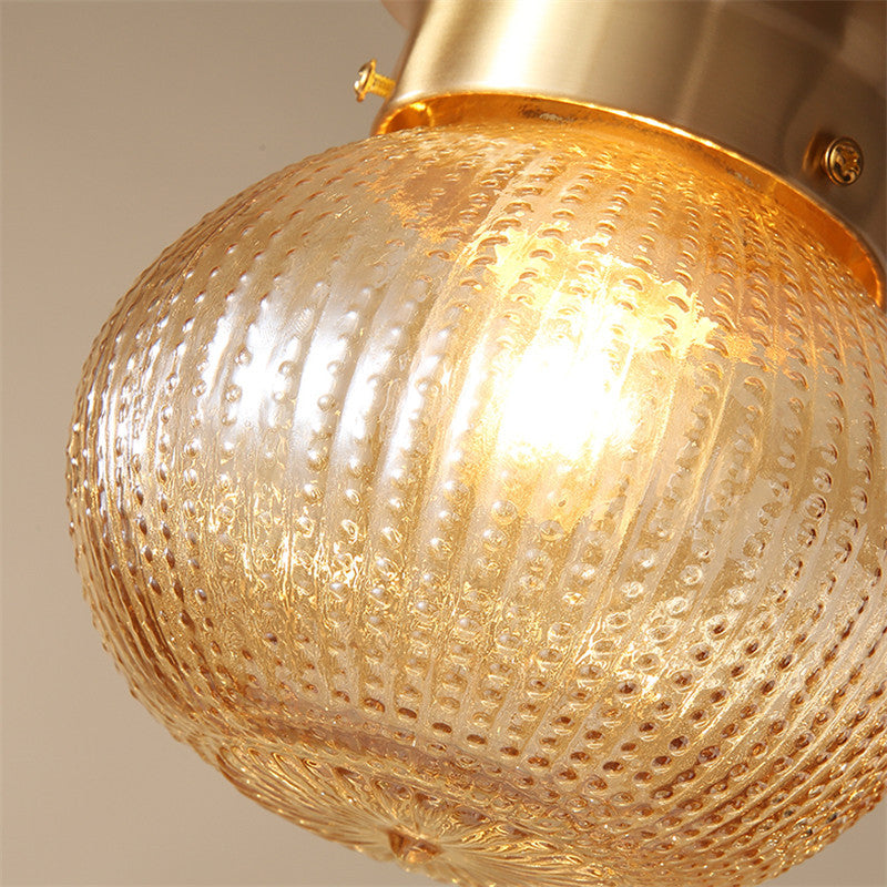 Contemporary Creative Pineapple Orange Orb Glass Copper 1-Light Semi-Flush Mount Ceiling Light For Living Room