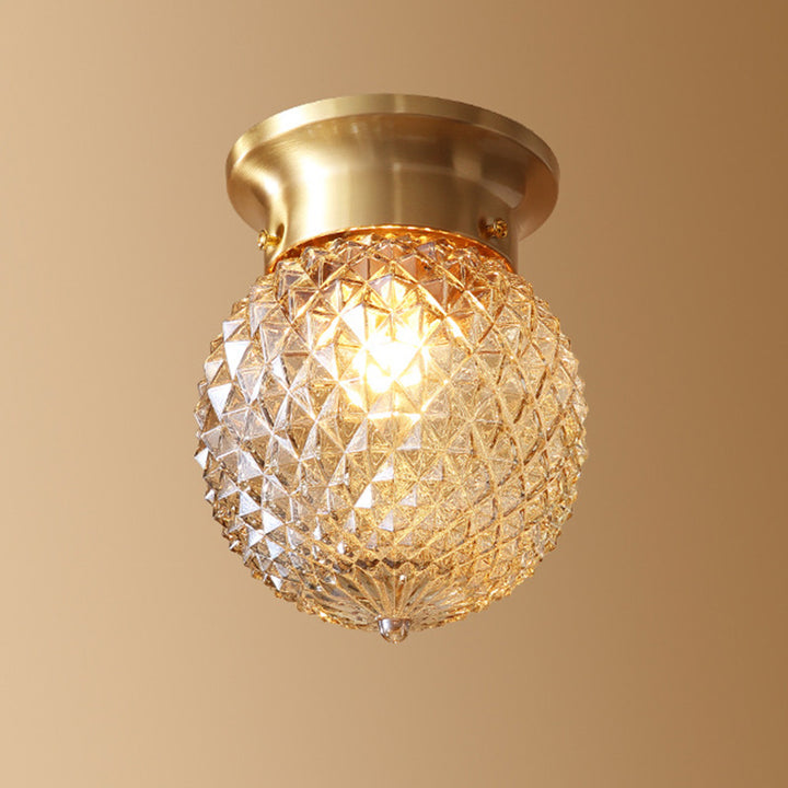 Contemporary Creative Pineapple Orange Orb Glass Copper 1-Light Semi-Flush Mount Ceiling Light For Living Room