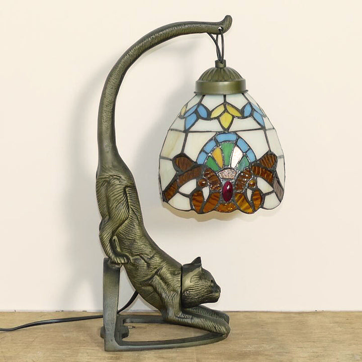 Lampe de Table Traditionnelle Tiffany en Verre Rond à Fleurs Courbées avec Fer à 1 Lumière pour Salon 