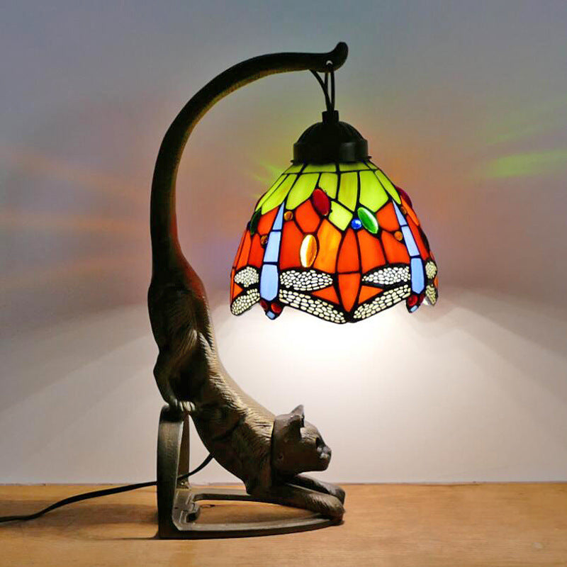 Lampe de Table Traditionnelle Tiffany en Verre Rond à Fleurs Courbées avec Fer à 1 Lumière pour Salon 