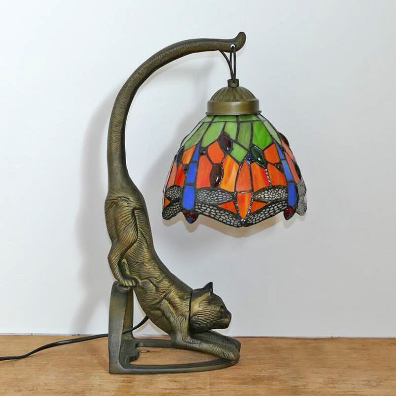 Lampe de Table Traditionnelle Tiffany en Verre Rond à Fleurs Courbées avec Fer à 1 Lumière pour Salon 