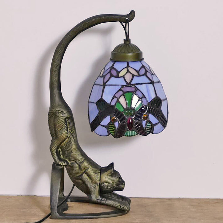 Lampe de Table Traditionnelle Tiffany en Verre Rond à Fleurs Courbées avec Fer à 1 Lumière pour Salon 