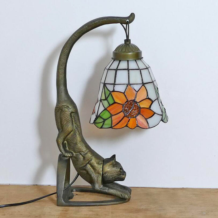 Lampe de Table Traditionnelle Tiffany en Verre Rond à Fleurs Courbées avec Fer à 1 Lumière pour Salon 