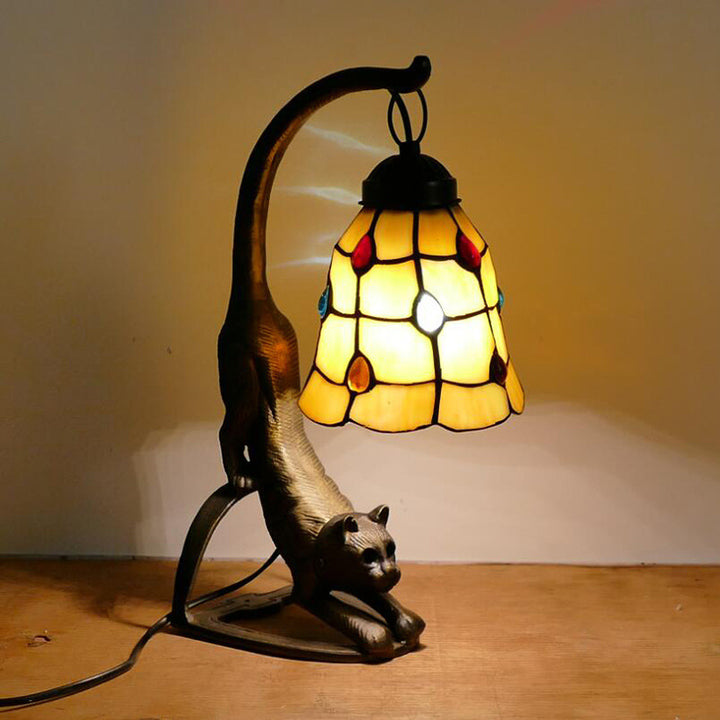 Lampe de Table Traditionnelle Tiffany en Verre Rond à Fleurs Courbées avec Fer à 1 Lumière pour Salon 