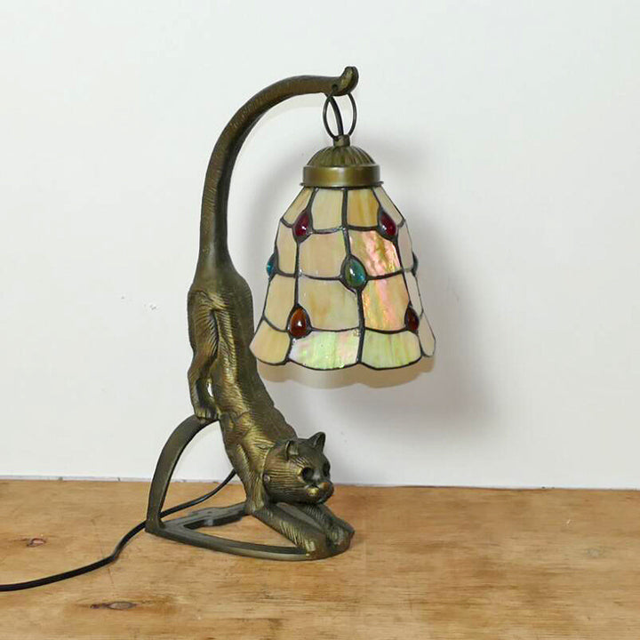 Lampe de Table Traditionnelle Tiffany en Verre Rond à Fleurs Courbées avec Fer à 1 Lumière pour Salon 