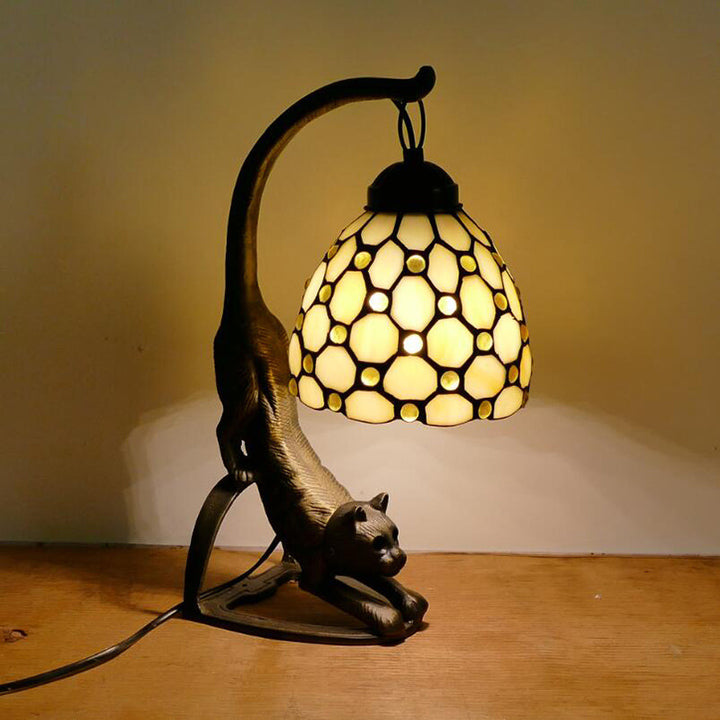 Lampe de Table Traditionnelle Tiffany en Verre Rond à Fleurs Courbées avec Fer à 1 Lumière pour Salon 