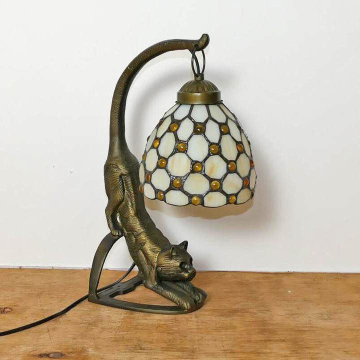 Lampe de Table Traditionnelle Tiffany en Verre Rond à Fleurs Courbées avec Fer à 1 Lumière pour Salon 