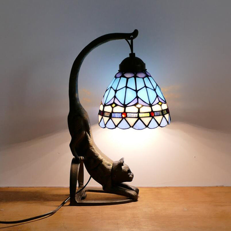 Lampe de Table Traditionnelle Tiffany en Verre Rond à Fleurs Courbées avec Fer à 1 Lumière pour Salon 