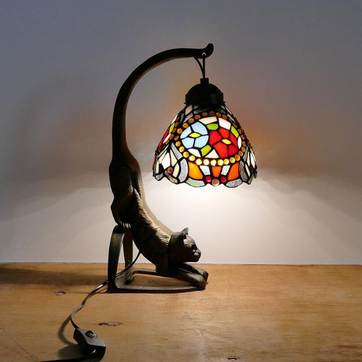 Lampe de Table Traditionnelle Tiffany en Verre Rond à Fleurs Courbées avec Fer à 1 Lumière pour Salon 