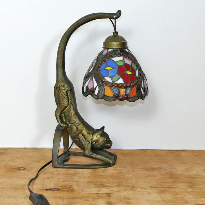 Lampe de Table Traditionnelle Tiffany en Verre Rond à Fleurs Courbées avec Fer à 1 Lumière pour Salon 