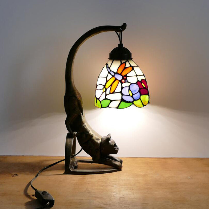 Lampe de Table Traditionnelle Tiffany en Verre Rond à Fleurs Courbées avec Fer à 1 Lumière pour Salon 