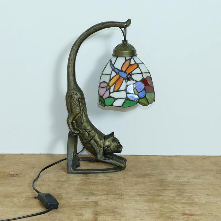 Lampe de Table Traditionnelle Tiffany en Verre Rond à Fleurs Courbées avec Fer à 1 Lumière pour Salon 