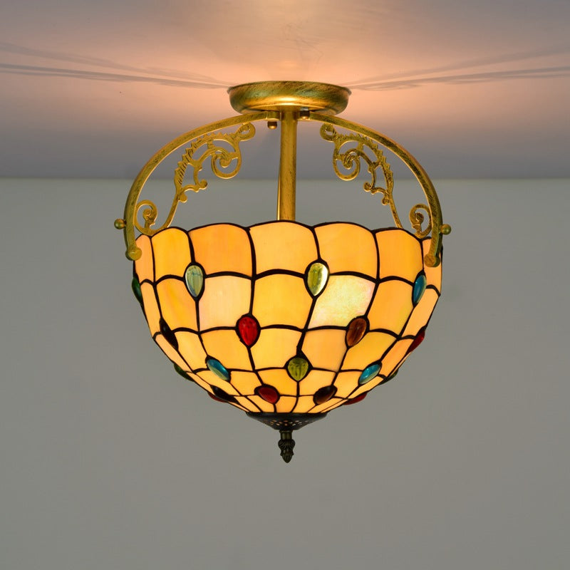 Traditionelle Tiffany Korb Halbrunde Perlen Glas Eisen 2-Licht Halbbündige Montage Deckenleuchte Für Wohnzimmer 