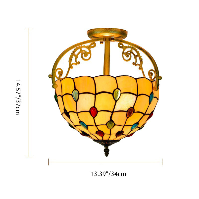 Traditionelle Tiffany Korb Halbrunde Perlen Glas Eisen 2-Licht Halbbündige Montage Deckenleuchte Für Wohnzimmer 