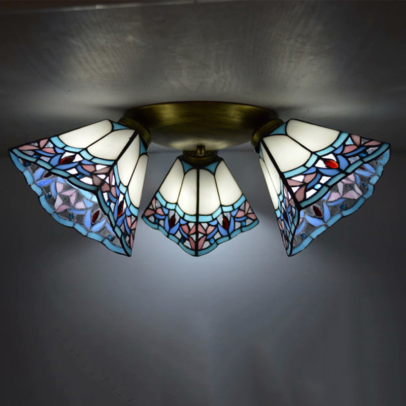 Lámpara de techo semi-empotrada de 3 luces con vidrio cuadrado redondo de rama tradicional Tiffany y hierro para sala de estar 