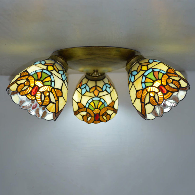 Lámpara de techo semi-empotrada de 3 luces con vidrio cuadrado redondo de rama tradicional Tiffany y hierro para sala de estar 
