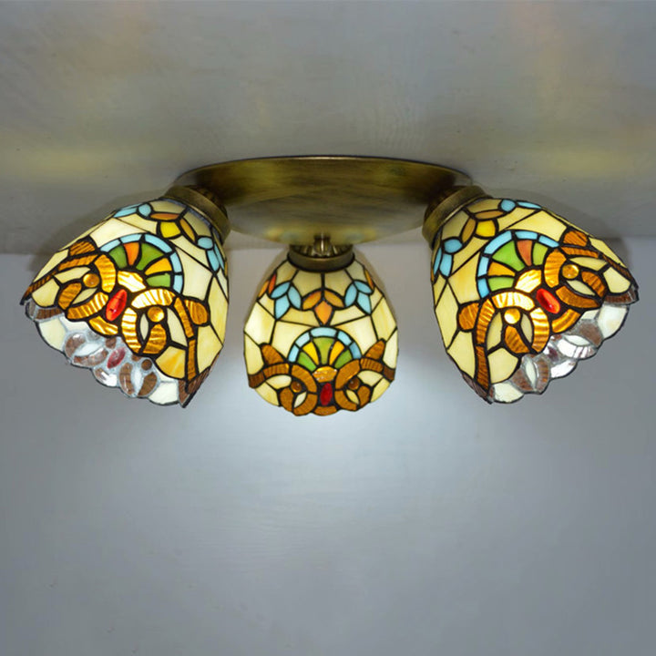 Lámpara de techo semi-empotrada de 3 luces con vidrio cuadrado redondo de rama tradicional Tiffany y hierro para sala de estar 