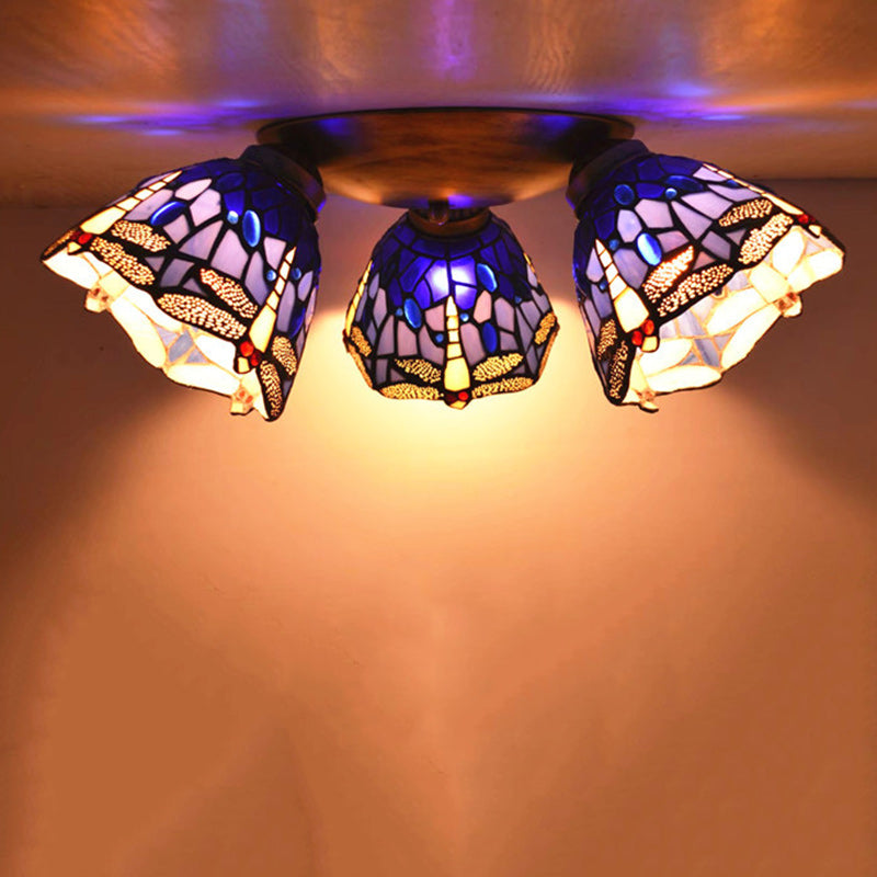 Lámpara de techo semi-empotrada de 3 luces con vidrio cuadrado redondo de rama tradicional Tiffany y hierro para sala de estar 