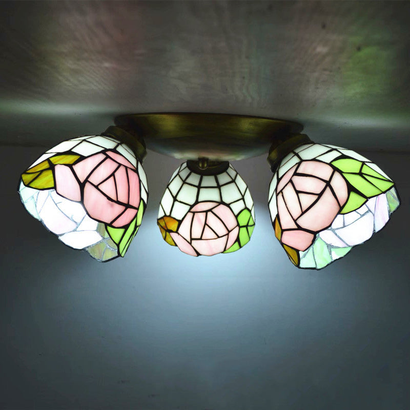 Lámpara de techo semi-empotrada de 3 luces con vidrio cuadrado redondo de rama tradicional Tiffany y hierro para sala de estar 