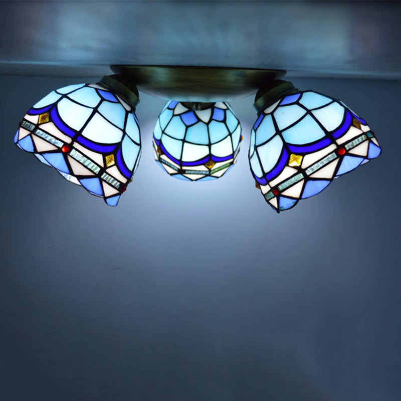 Lámpara de techo semi-empotrada de 3 luces con vidrio cuadrado redondo de rama tradicional Tiffany y hierro para sala de estar 