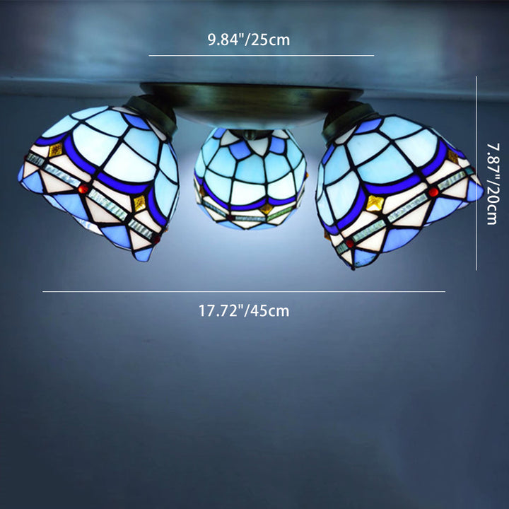 Lámpara de techo semi-empotrada de 3 luces con vidrio cuadrado redondo de rama tradicional Tiffany y hierro para sala de estar 