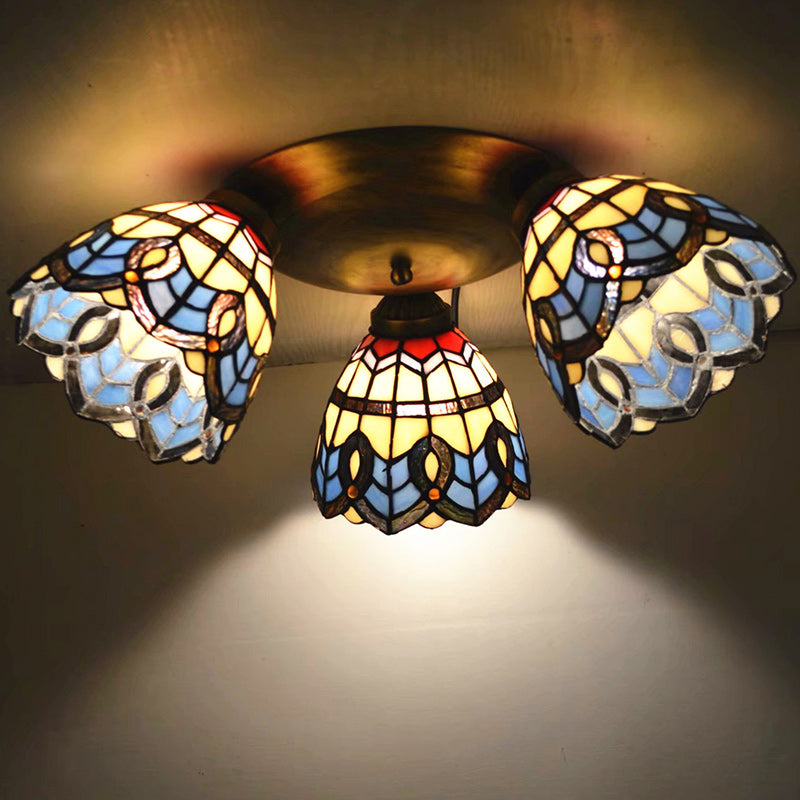 Lámpara de techo semi-empotrada de 3 luces con vidrio cuadrado redondo de rama tradicional Tiffany y hierro para sala de estar 