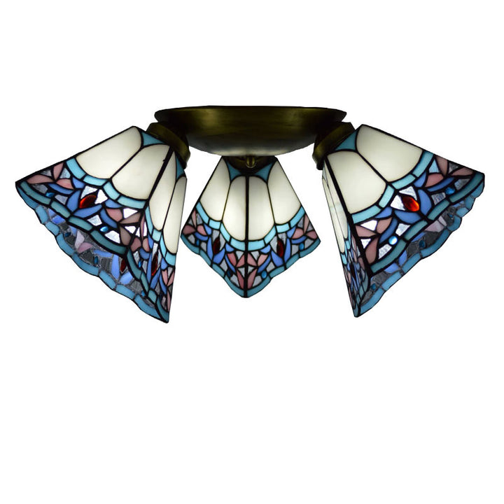 Lámpara de techo semi-empotrada de 3 luces con vidrio cuadrado redondo de rama tradicional Tiffany y hierro para sala de estar 