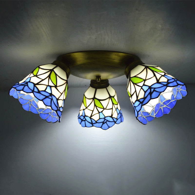 Lámpara de techo semi-empotrada de 3 luces con vidrio cuadrado redondo de rama tradicional Tiffany y hierro para sala de estar 