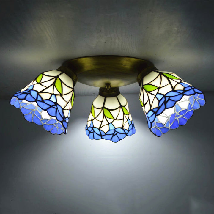 Lámpara de techo semi-empotrada de 3 luces con vidrio cuadrado redondo de rama tradicional Tiffany y hierro para sala de estar 
