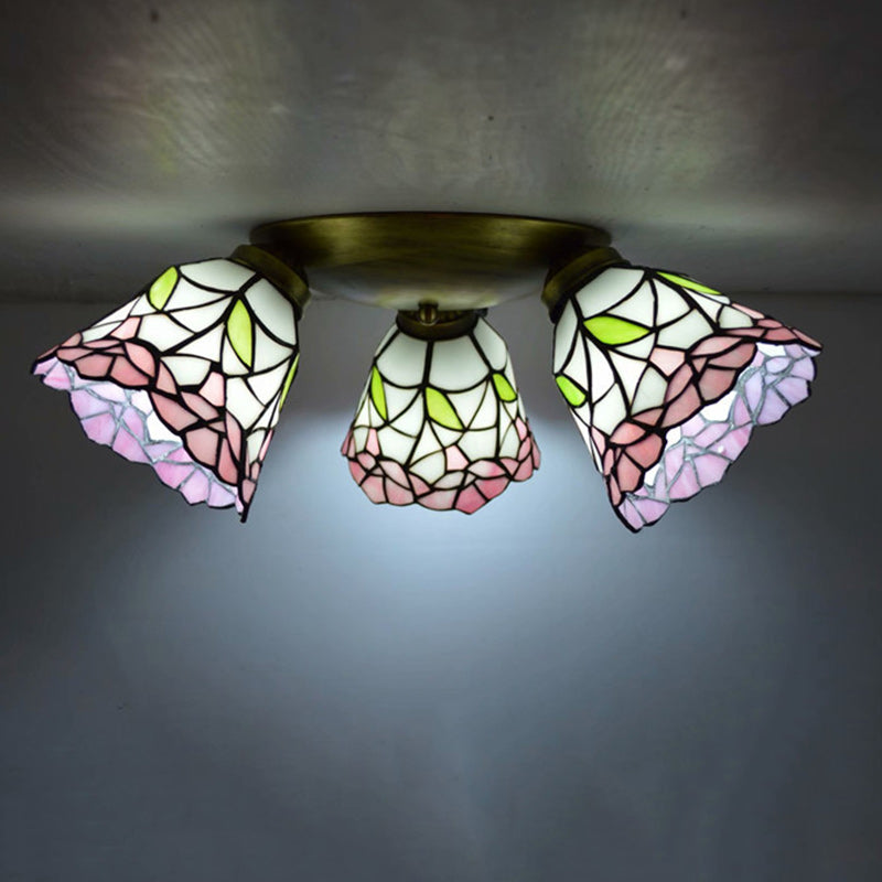Lámpara de techo semi-empotrada de 3 luces con vidrio cuadrado redondo de rama tradicional Tiffany y hierro para sala de estar 