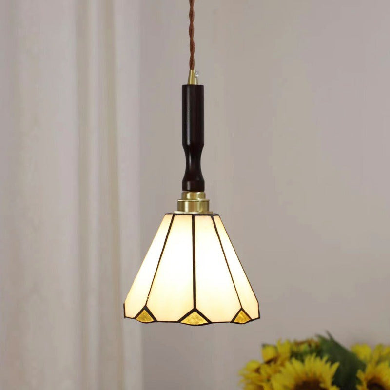 Lustre suspendu à 1 lumière en verre rond effilé Tiffany traditionnel en cuivre pour chambre 