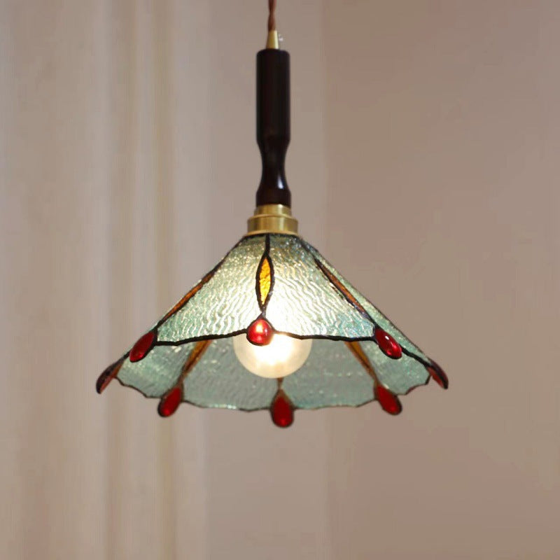 Lustre suspendu à 1 lumière en verre rond effilé Tiffany traditionnel en cuivre pour chambre 