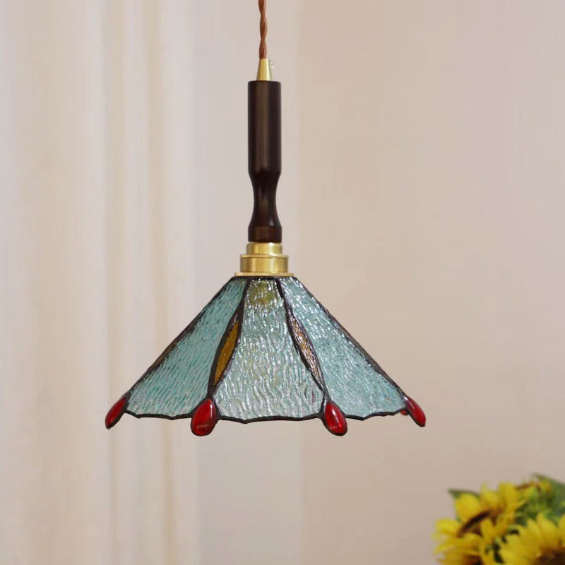 Lustre suspendu à 1 lumière en verre rond effilé Tiffany traditionnel en cuivre pour chambre 