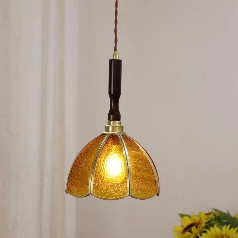 Lustre suspendu à 1 lumière en verre rond effilé Tiffany traditionnel en cuivre pour chambre 