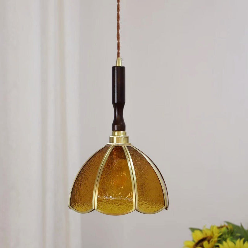 Lustre suspendu à 1 lumière en verre rond effilé Tiffany traditionnel en cuivre pour chambre 